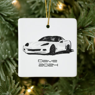 C6 Corvette Sports Car White Hand Drawn Sketch Ceramic Ornament