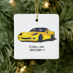 C6 Corvette Sports Car Yellow Hand Drawn Sketch Ceramic Ornament