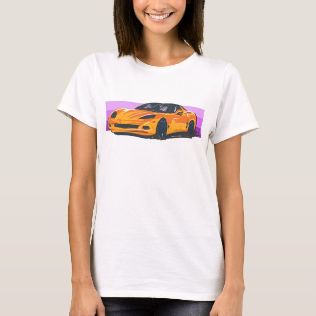 C6 Orange Corvette Sportscar with Pink Stripe T-Shirt (Front)