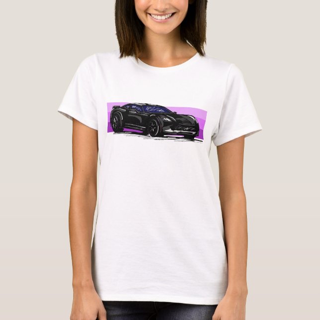 C7 Black Corvette Sportscar with Pink Stripe T-Shirt (Front)