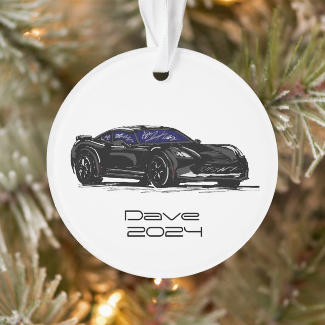 C7 Corvette Sports Car Black Hand Drawn Sketch Ornament (Tree)