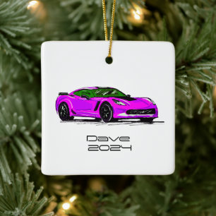 C7 Corvette Sports Car Pink Hand Drawn Sketch Ceramic Ornament