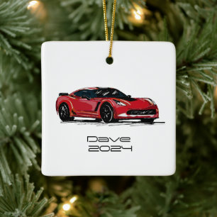 C7 Corvette Sports Car Red Hand Drawn Sketch Ceramic Ornament