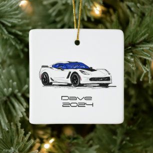 C7 Corvette Sports Car White Hand Drawn Sketch Ceramic Ornament