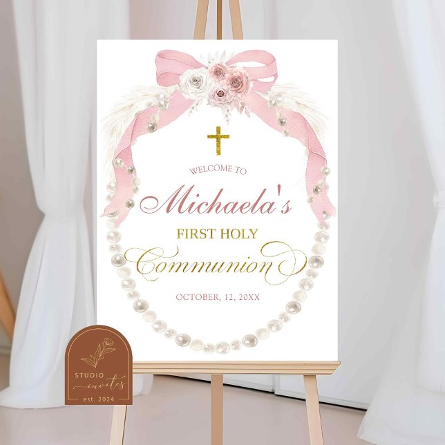 C83 Pearl Pink Boho First Holy Communion Welcome Poster (Creator Uploaded)