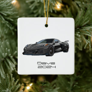 C8 Corvette Sports Car Dark Grey Hand Drawn Ceramic Ornament