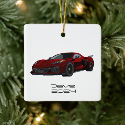 C8 Corvette Sports Car Metallic Red Hand Drawn  Ceramic Ornament