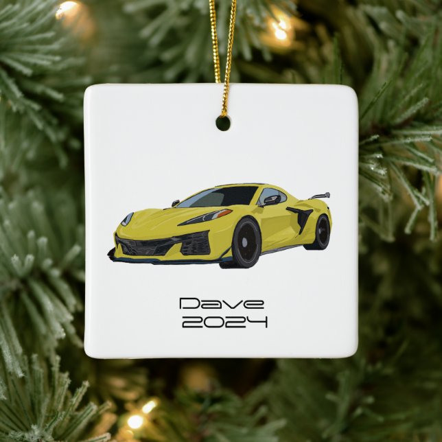 C8 Corvette Sports Car Yellow Hand Drawn  Ceramic Ornament (Tree)