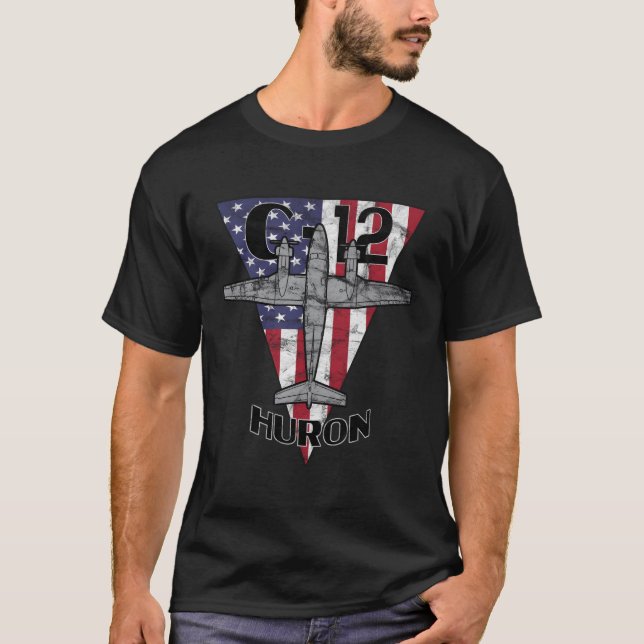 C-12 Huron Military Airplane Patriotic Airplane T-Shirt (Front)