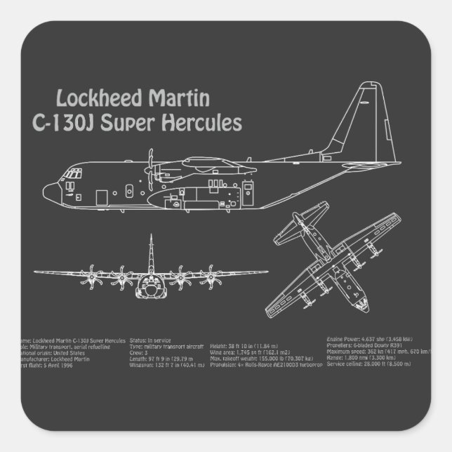 C-130 Hercules - Airplane Blueprint Plans PD Square Sticker (Front)