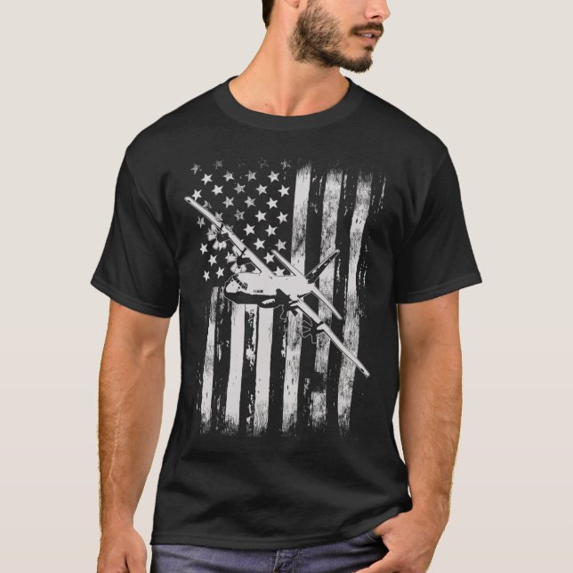 C-130 Hercules Military Aircraft American Flag T-S T-Shirt (Front)