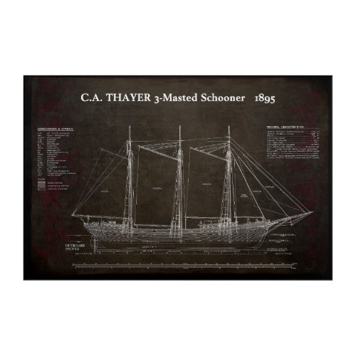 CA THAYER 3_Mastered Schooner Blueprint 1895 Acrylic Print
