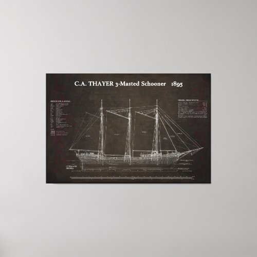 CA THAYER 3_Mastered Schooner Blueprint 1895 Canvas Print