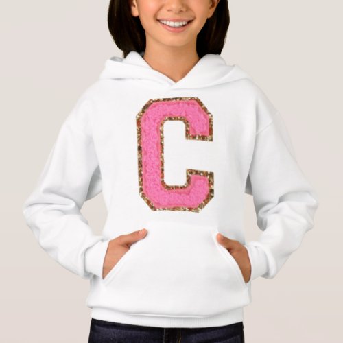 C _ Bubblegum Glitter Varsity Letter Patches on Wh Hoodie