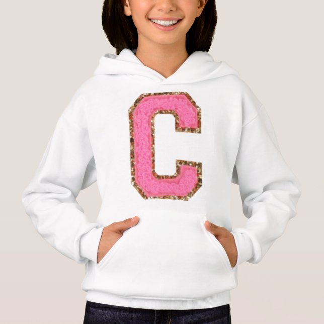 C - Bubblegum Glitter Varsity Letter Patches on Wh Hoodie (Front)