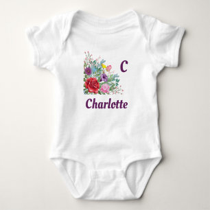 C Charlotte Personalize Letter Name, Rose Flowers Baby Bodysuit