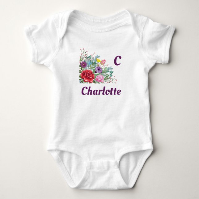 C Charlotte Personalize Letter Name, Rose Flowers Baby Bodysuit (Front)