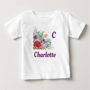 C Charlotte Personalize Letter Name, Rose Flowers Baby T-Shirt