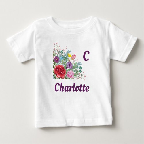 C Charlotte Personalize Letter Name Rose Flowers Baby T_Shirt