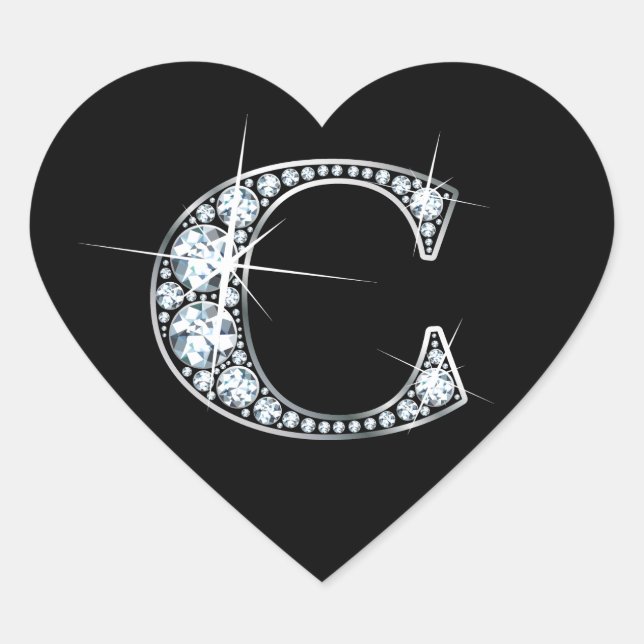 "C" Diamond Bling on Black Heart Sticker (Front)