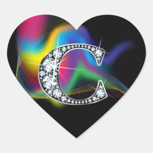 "C" Diamond Bling on Rainbow Swirl Heart Sticker