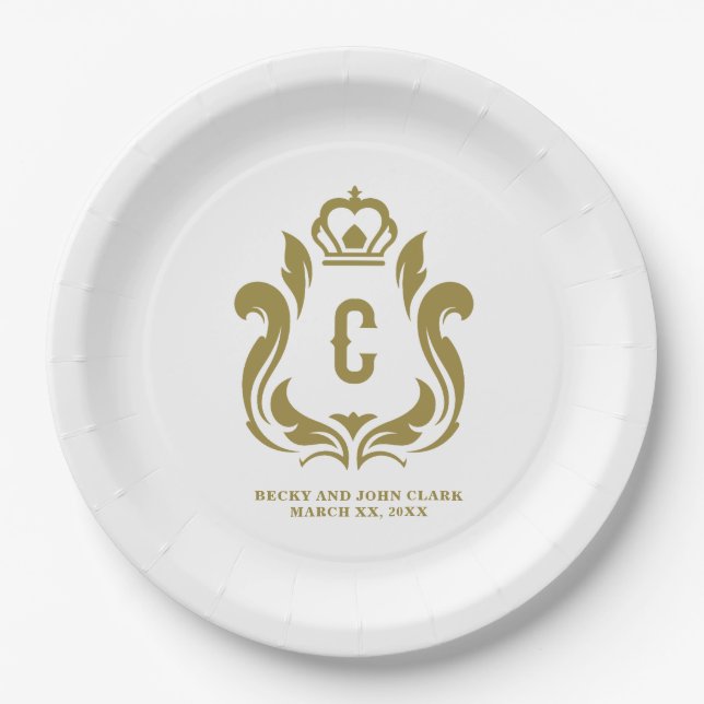 C Initial Gold Crest Monogrammed Paper Plates (Front)