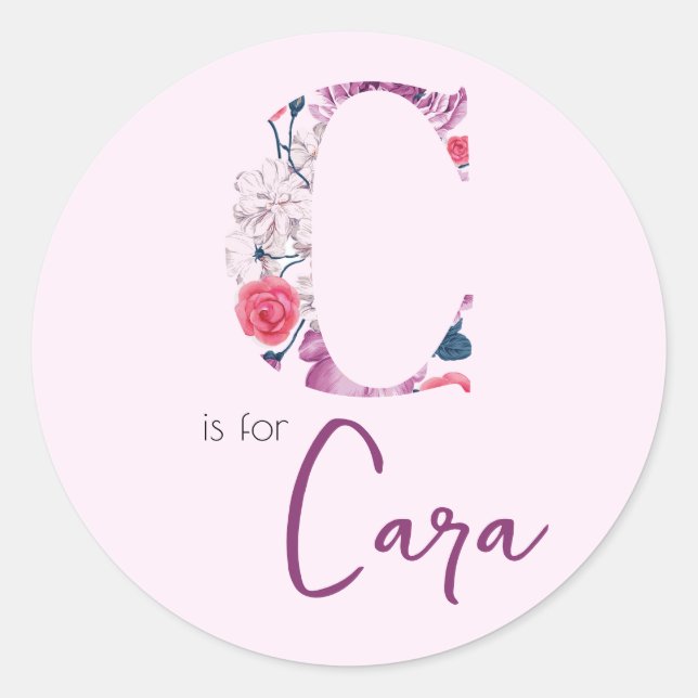C is for Cara Pink Girl Floral Flower Name Labels (Front)