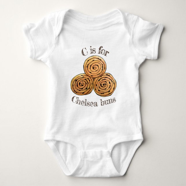 C is for Chelsea Buns UK Currant Bun British Food Baby Bodysuit (Front)