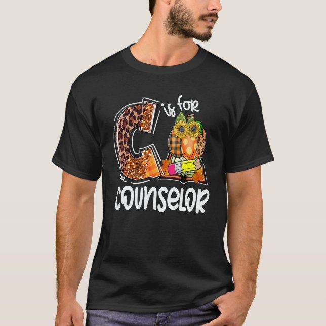 C Is For Counselor Leopard Pumpkin Fall Thanksgivi T-Shirt (Front)