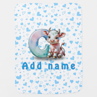 C is for Cow– Baby Blanket with Blue Hearts & Name