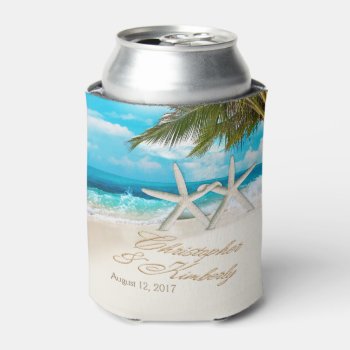 C&k Starfish Couple Ask For Your Names In Sand Can Cooler by glamprettyweddings at Zazzle