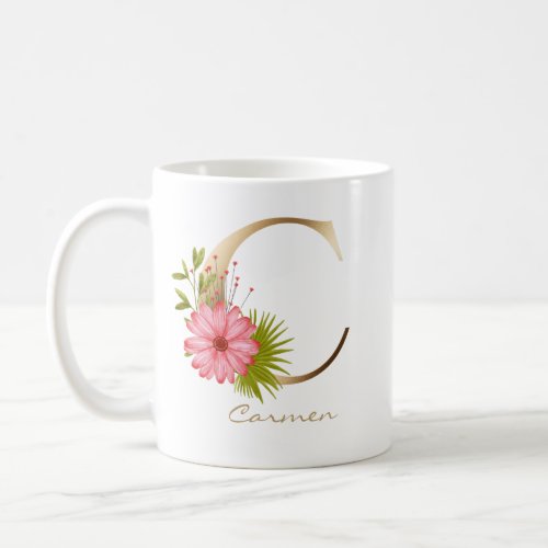 C Letter Gold Monogram  Pink Floral Greenery Coffee Mug