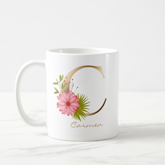 C Letter Gold Monogram | Pink Floral Greenery Coffee Mug (Left)