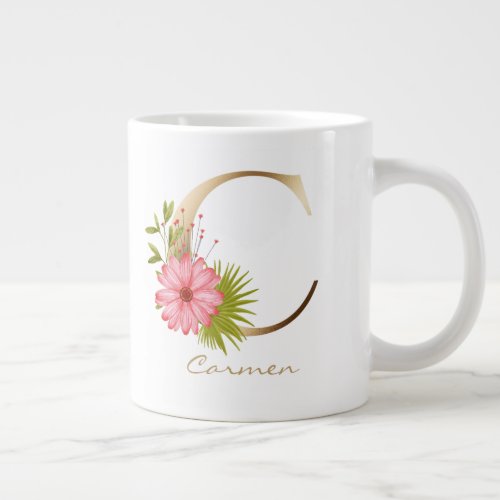 C Letter Gold Monogram  Pink Floral Greenery Giant Coffee Mug