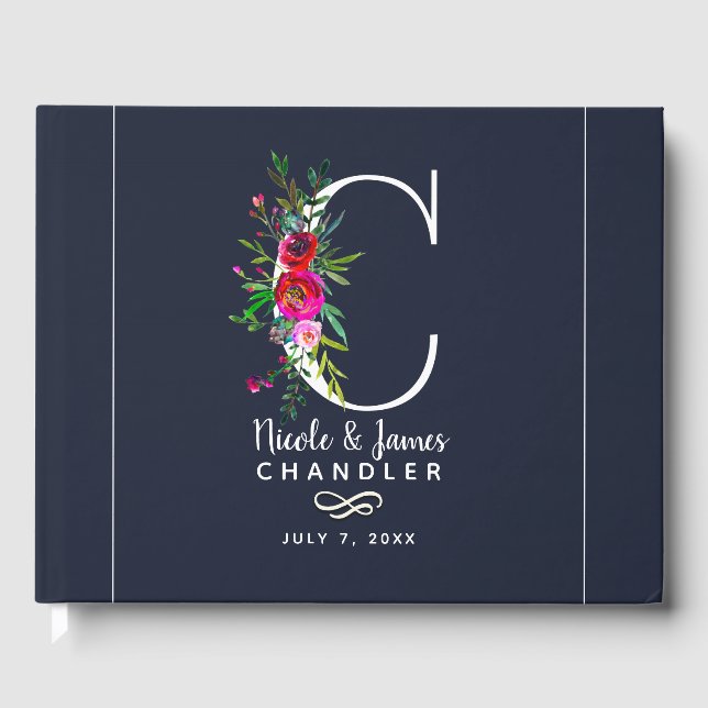 C Letter Initial Monogram Floral Name Wedding Guest Book (Front)