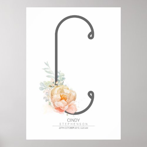 C Letter Monogram Blush Peach Floral Home Decor