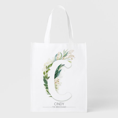 C Letter Monogram Elegant Gold Greenery Foliage Grocery Bag