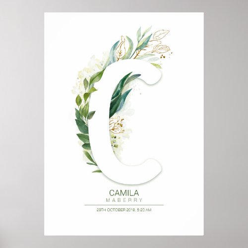 C Letter Monogram Gold Greenery Foliage Chic Poster