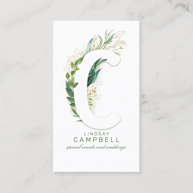 C Letter Monogram Gold Greenery Leaves Elegant Business Card (Front)