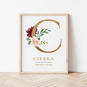 C Letter Monogram Name Marsala Floral Nursery Poster
