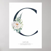 C Letter Monogram White Flowers and Greenery Poster