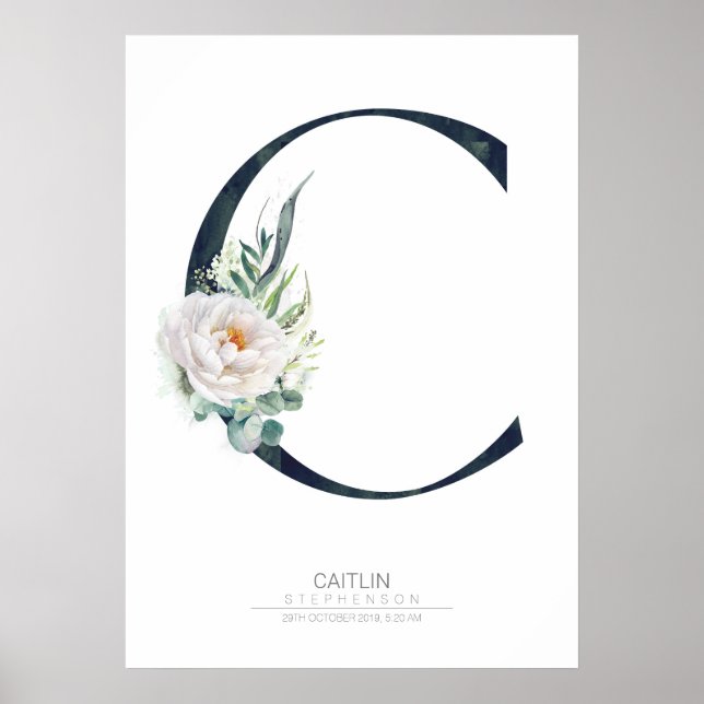 C Letter Monogram White Flowers and Greenery Poster (Front)