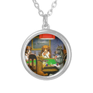 C. M. Coolidge Dogs Pets Poker Cards Humor Destiny Silver Plated Necklace