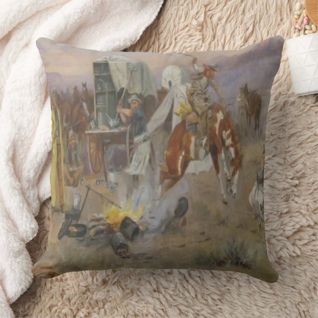 C M Russell Bronc at Cow Camp Cowboy Western Throw Pillow (Blanket)