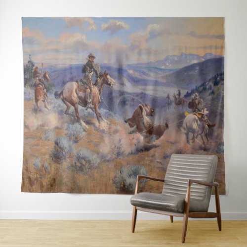 C M Russell Loops and Swift Horses Vintage Western Tapestry