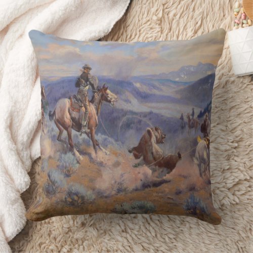 C M Russell Loops and Swift Horses Vintage Western Throw Pillow