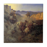 C M Russell The Slick Ear Vintage Western Cowboy Ceramic Tile<br><div class="desc">Vintage art print of a cowboy roping steers in the old west  by C M Russell</div>