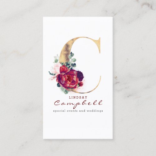 C Monogram Burgundy Red Flowers and Faux Gold Business Card