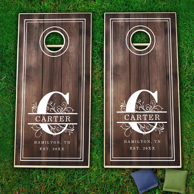 C Monogram Family Name Dark Wood Cornhole Set (C Monogram Family Name Dark Wood Cornhole Set)