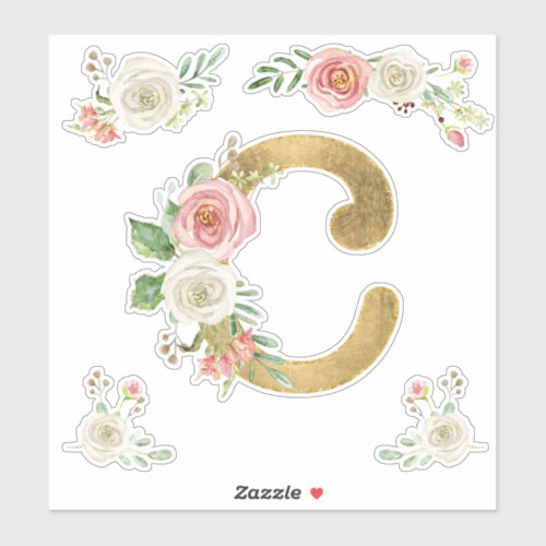 C Monogram Faux Gold Blush Rose Floral Watercolor Sticker